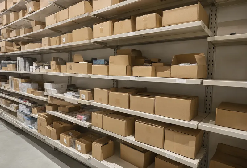 Cardboard boxes of various sizes stored on multiple shelves inside a warehouse stockroom. (AI-generated)