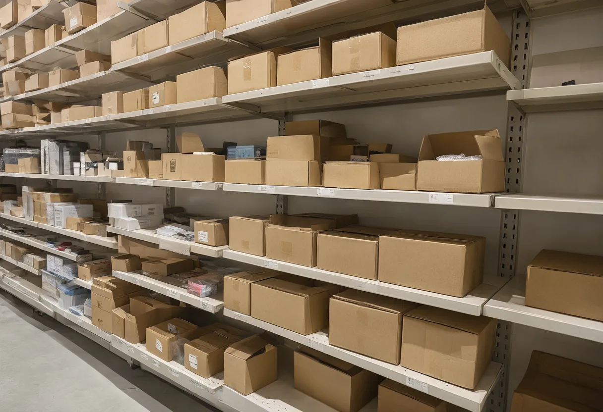Cardboard boxes of various sizes stored on multiple shelves inside a warehouse stockroom. (AI-generated)