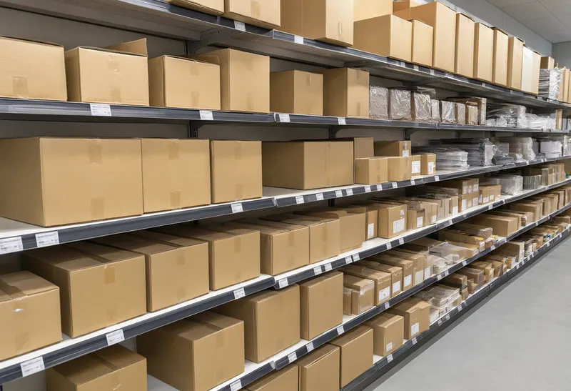 Rows of cardboard boxes arranged on metal warehouse shelves beside a clear aisle. (AI-generated)