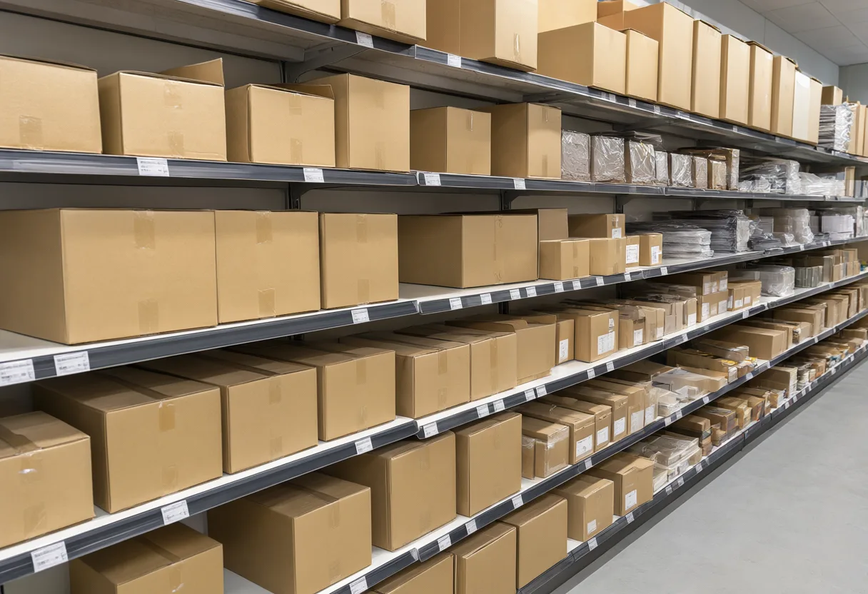 Rows of cardboard boxes arranged on metal warehouse shelves beside a clear aisle. (AI-generated)