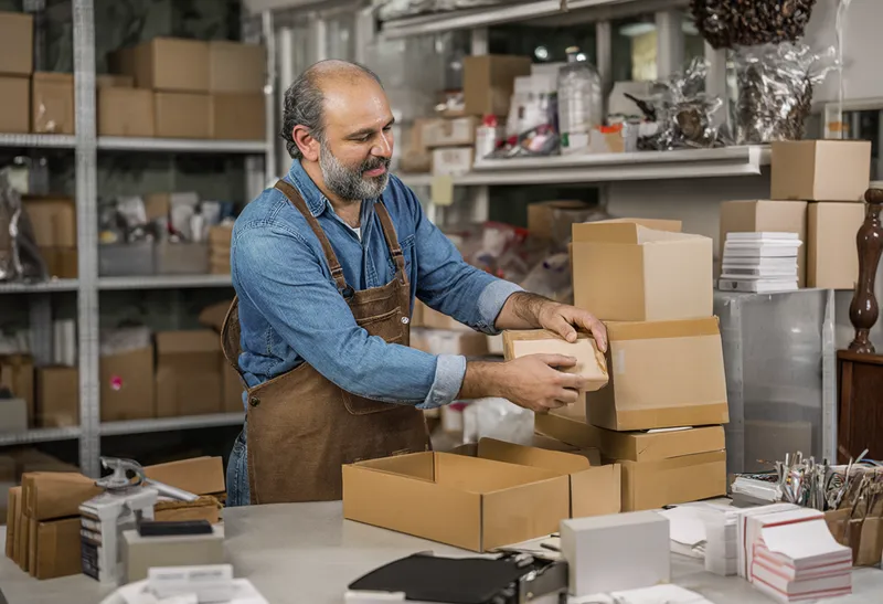 A shop owner in a blue shirt and brown apron arranging cardboard boxes in a stockroom. (AI-generated)