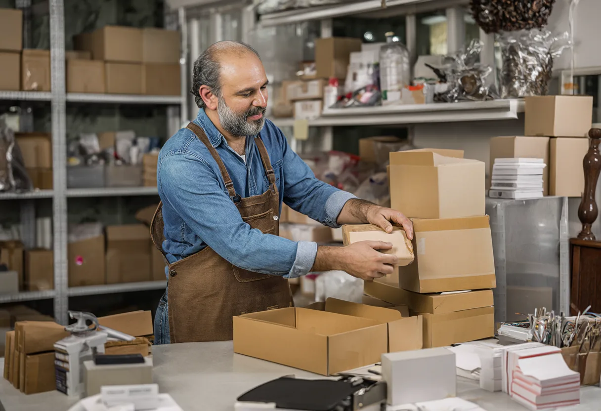 A shop owner in a blue shirt and brown apron arranging cardboard boxes in a stockroom. (AI-generated)