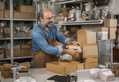 Small Business Owner Preparing Customer Packages (AI-generated)