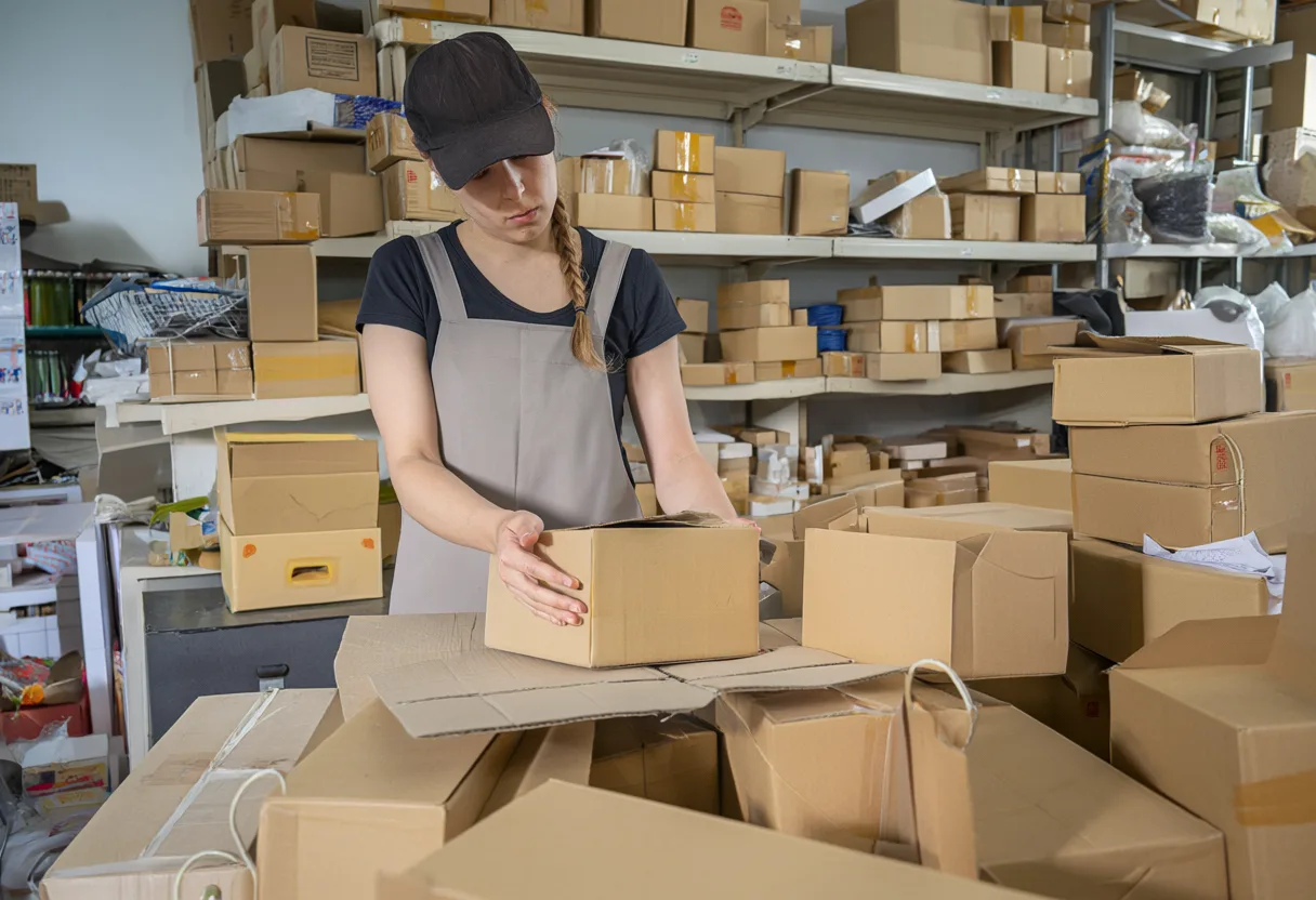 A woman wearing a cap packs a cardboard box at a worktable surrounded by shelves of parcels. (AI-generated)
