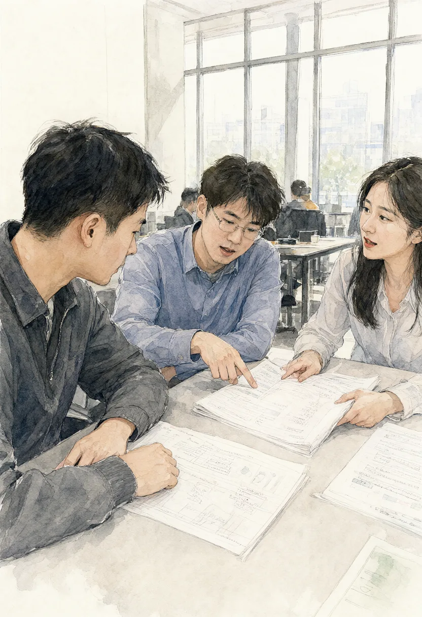 Three university students pointing at printed documents and discussing their coursework around a table. (AI-generated)