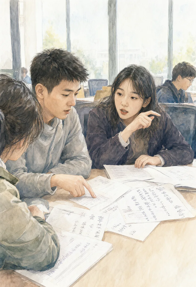 Students sitting around a table and discussing papers together in a bright study room. (AI-generated)