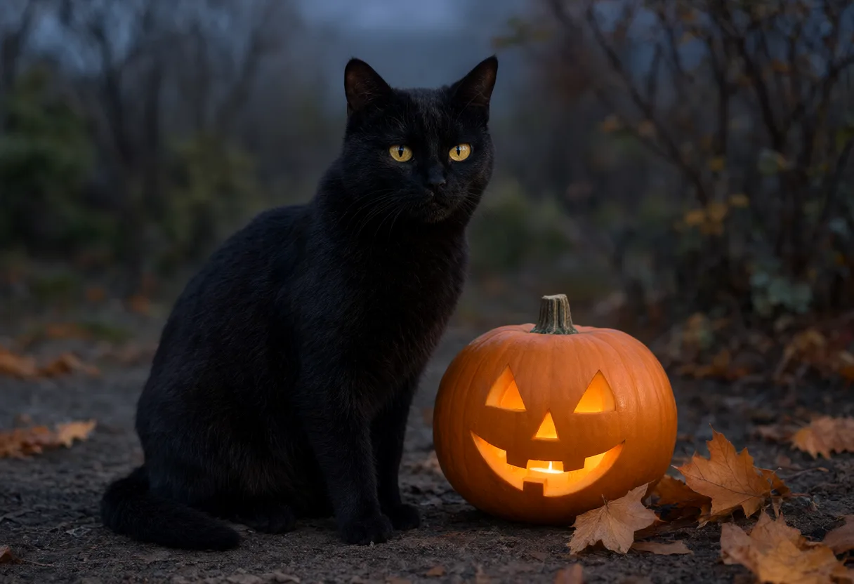 A black cat with bright golden eyes sits beside a glowing carved pumpkin on a forest path surrounded by autumn leaves. (AI-generated)