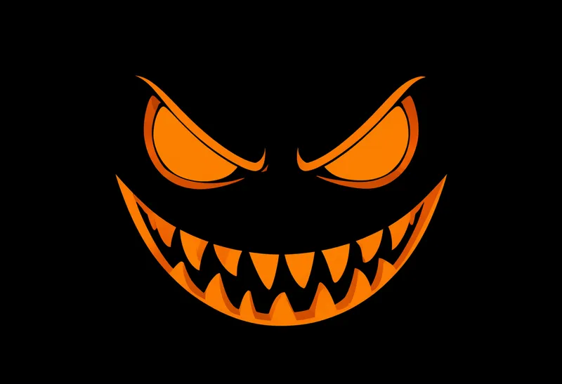A stylized orange Halloween pumpkin face with narrow angry eyes and rows of sharp teeth isolated on a black background. (AI-generated)