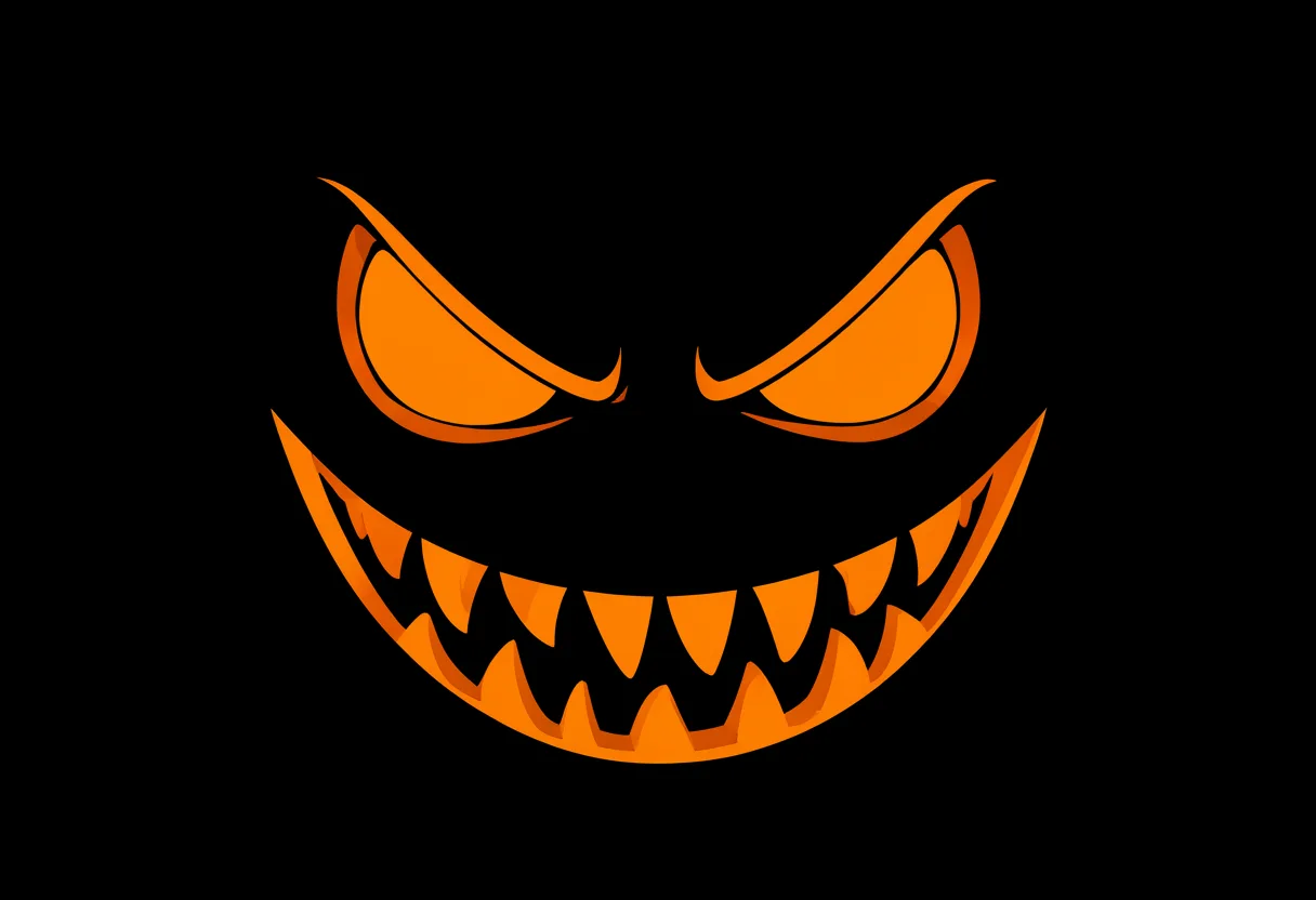 A stylized orange Halloween pumpkin face with narrow angry eyes and rows of sharp teeth isolated on a black background. (AI-generated)