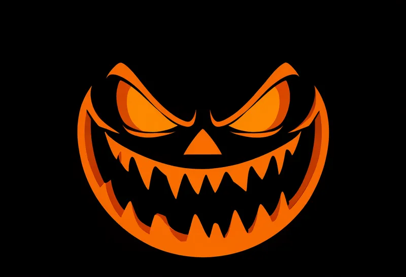 An orange evil pumpkin face graphic with slanted eyes, a triangular nose, and sharp jagged teeth on a solid black background. (AI-generated)