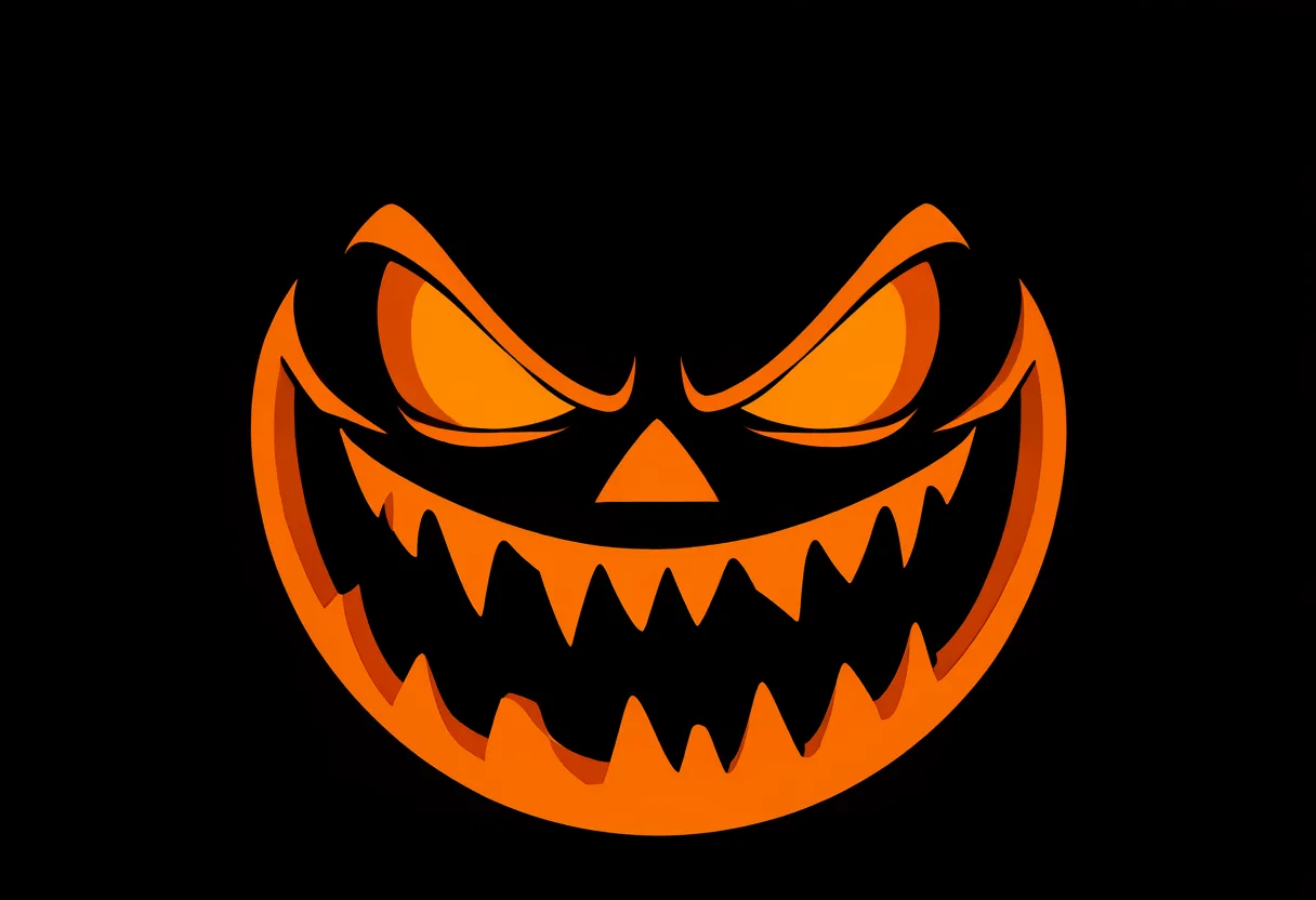 An orange evil pumpkin face graphic with slanted eyes, a triangular nose, and sharp jagged teeth on a solid black background. (AI-generated)
