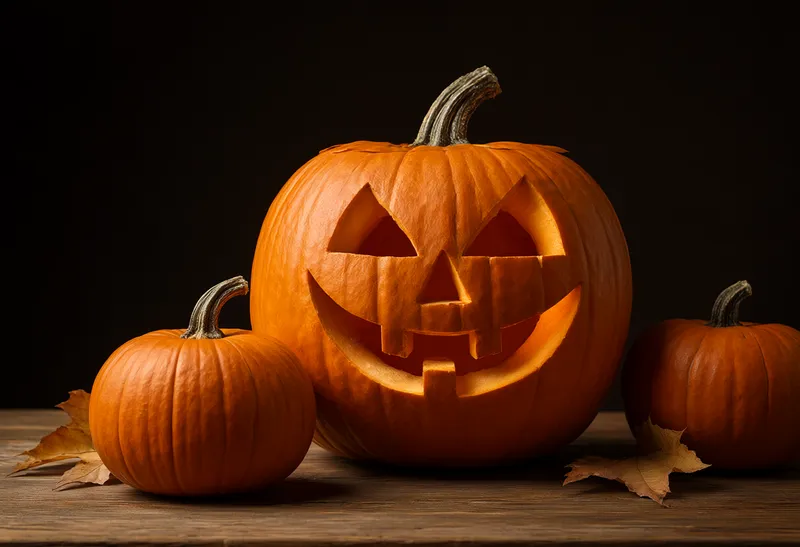 A large glowing jack-o-lantern sits between two smaller pumpkins on a wooden table with dry autumn leaves against a black background. (AI-generated)