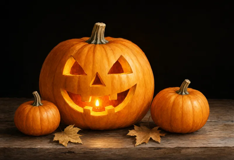 A glowing jack-o'-lantern sits on a rustic wooden table between two smaller orange pumpkins and scattered dry autumn leaves. (AI-generated)