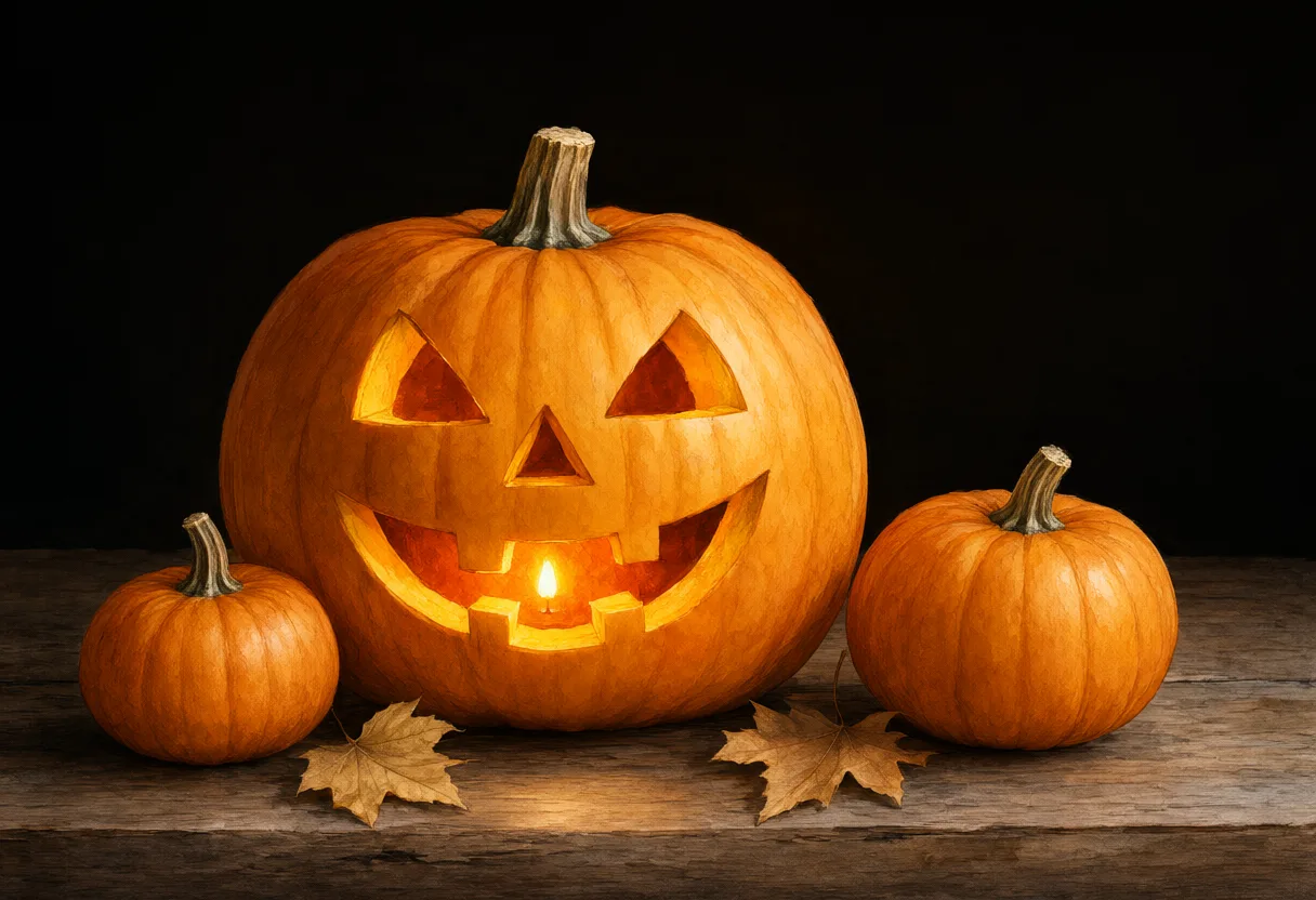 A glowing jack-o'-lantern sits on a rustic wooden table between two smaller orange pumpkins and scattered dry autumn leaves. (AI-generated)