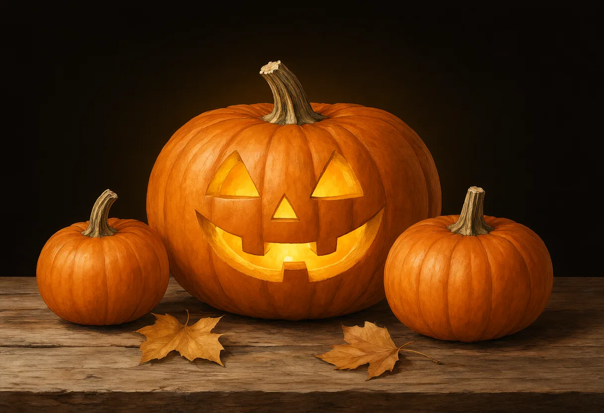 A large orange jack-o'-lantern with a glowing smiling face stands between two smaller pumpkins on a wooden surface. (AI-generated)