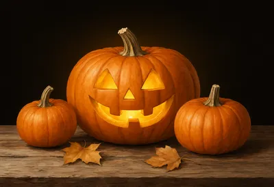 Warm Glowing Halloween Pumpkin with Autumn Leaves (AI-generated)