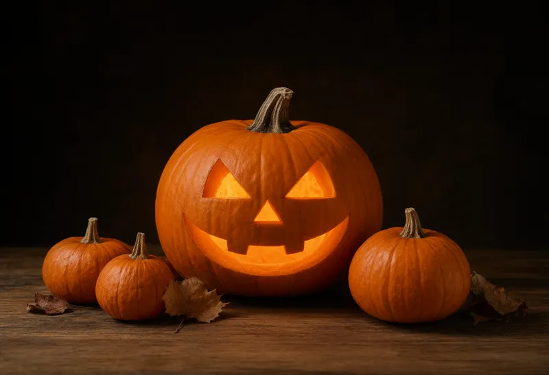 Three orange pumpkins sit on a wooden table, with a large glowing jack-o'-lantern in the center and dry leaves nearby. (AI-generated)