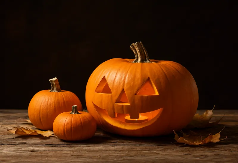 A large glowing jack-o'-lantern sits between two smaller orange pumpkins on a wooden table against a black background. (AI-generated)