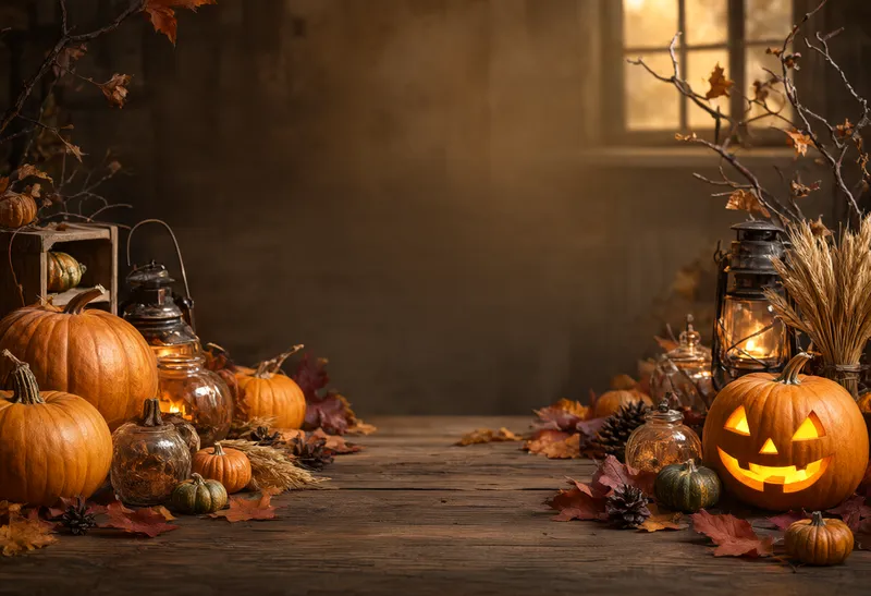 Glowing Halloween pumpkins, vintage lanterns, and autumn leaves arranged around a rustic wooden table with empty space in the center. (AI-generated)