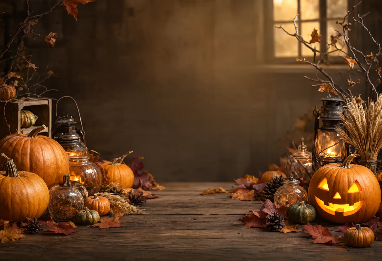 Glowing Halloween pumpkins, vintage lanterns, and autumn leaves arranged around a rustic wooden table with empty space in the center. (AI-generated)