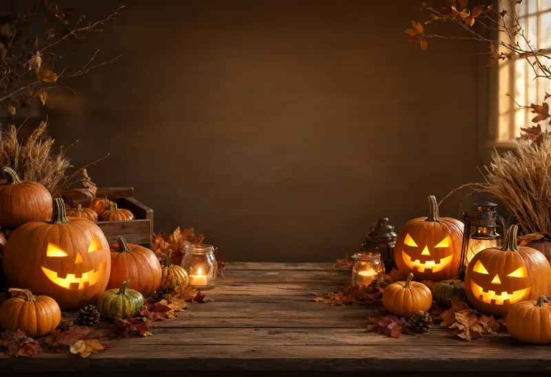 Glowing Halloween pumpkins and lanterns frame a wooden table with empty space in the center against a dark brown background. (AI-generated)