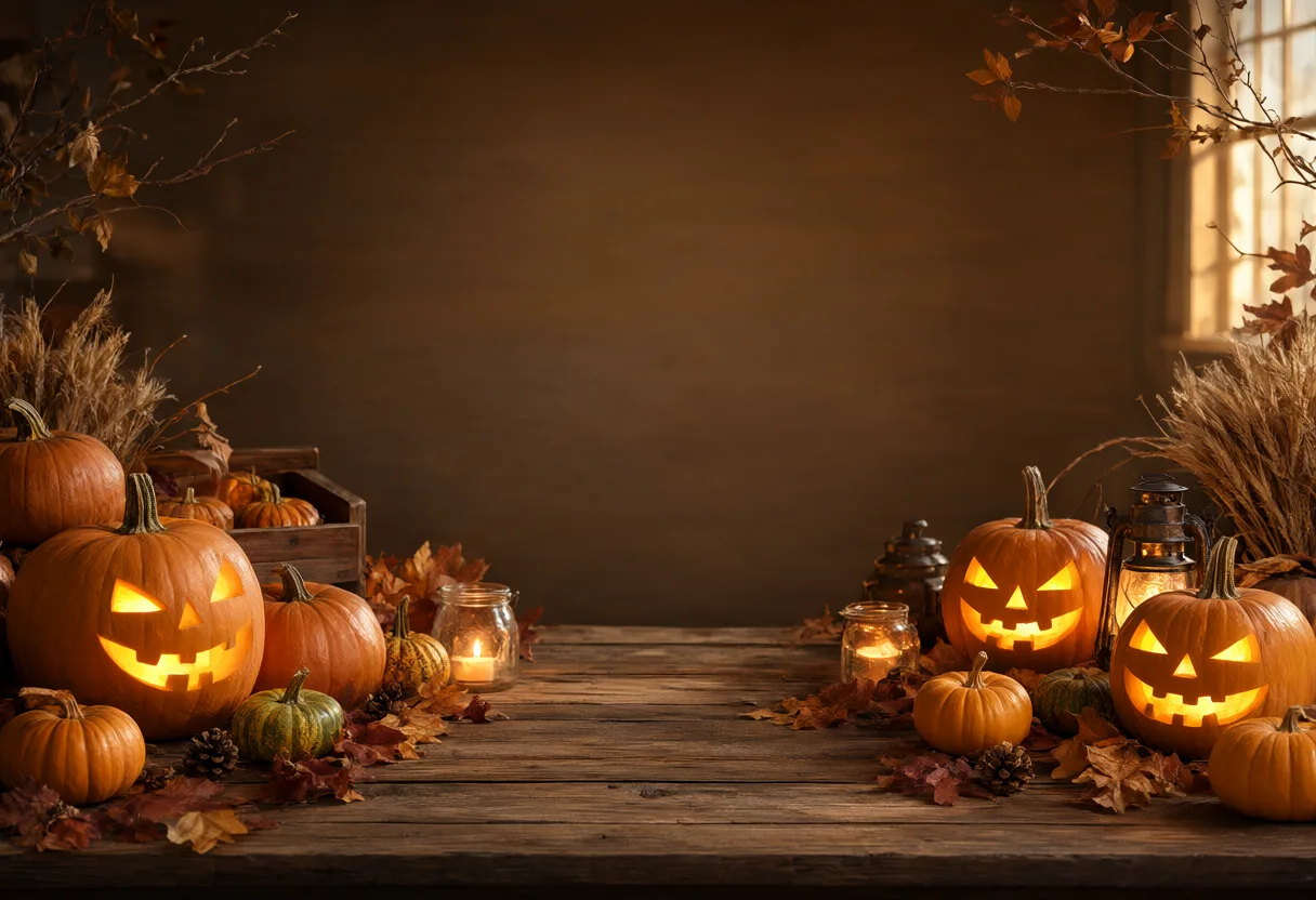 Glowing Halloween pumpkins and lanterns frame a wooden table with empty space in the center against a dark brown background. (AI-generated)