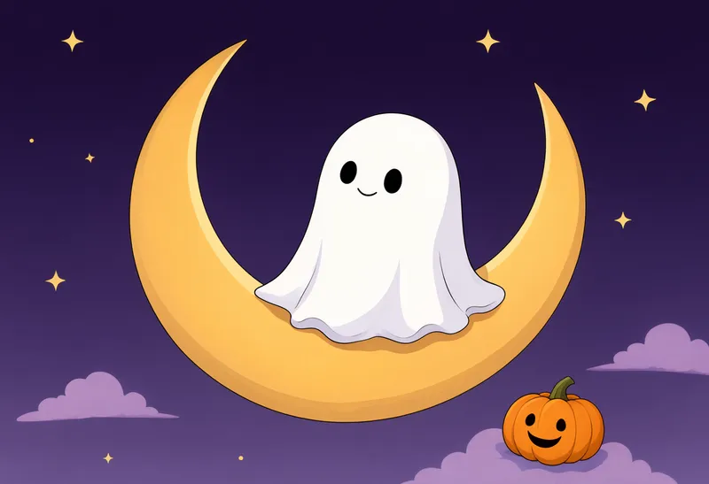 A white cartoon ghost sitting on a golden crescent moon with a smiling pumpkin, purple clouds, and stars. (AI-generated)