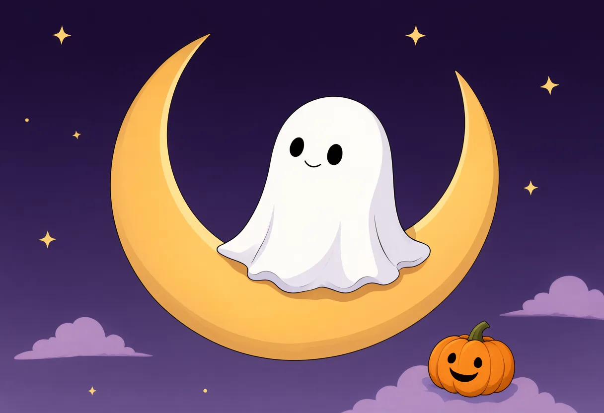 A white cartoon ghost sitting on a golden crescent moon with a smiling pumpkin, purple clouds, and stars. (AI-generated)