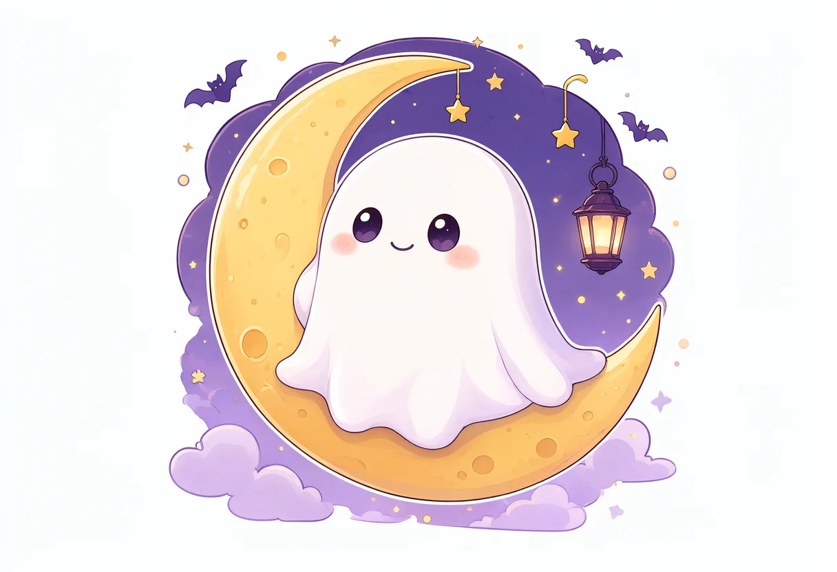 A cute white ghost with pink cheeks sitting on a golden crescent moon with stars, bats, purple clouds, and a lantern. (AI-generated)