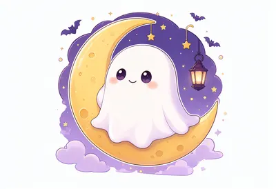 Cute Ghost Sitting on a Golden Crescent Moon (AI-generated)