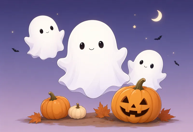 White cartoon ghosts, Halloween pumpkins, colorful candy, and autumn decorations in festive seasonal scenes. (AI-generated)