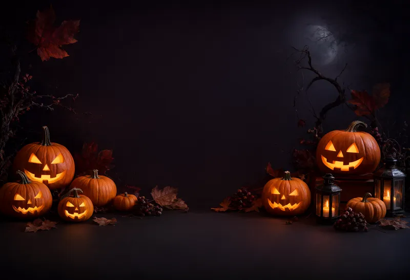 Glowing Halloween pumpkins and vintage lanterns decorate both sides of a dark background, with autumn leaves and a large empty center area. (AI-generated)