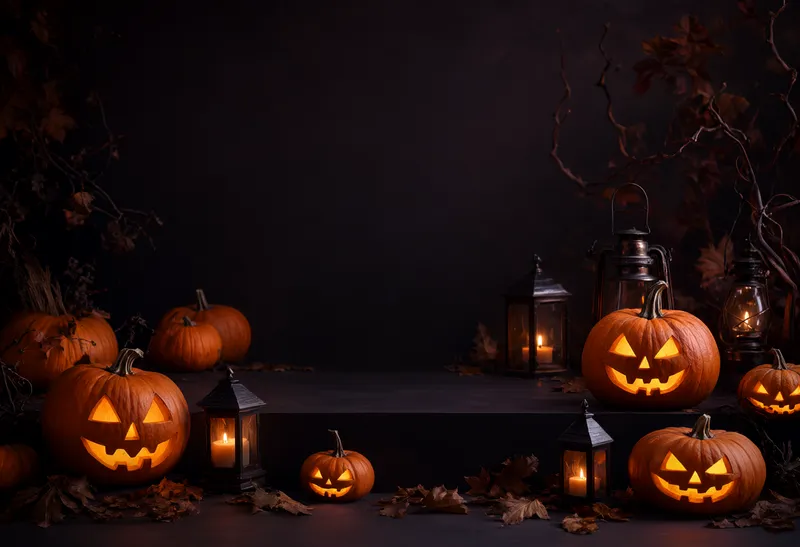 Glowing carved pumpkins and vintage lanterns frame the left and right edges of a dark background, leaving a large empty space in the center. (AI-generated)