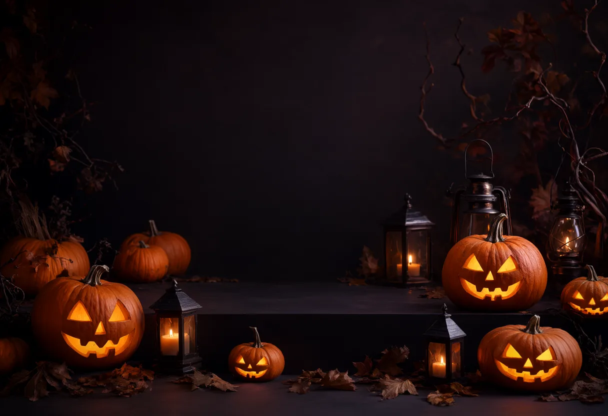 Glowing carved pumpkins and vintage lanterns frame the left and right edges of a dark background, leaving a large empty space in the center. (AI-generated)