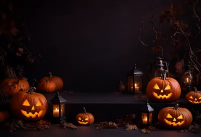 Halloween Pumpkins and Lanterns Copy Space (AI-generated)