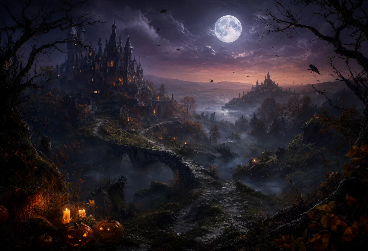 A Gothic castle on a rocky hill overlooks a foggy valley with a winding stone bridge, bare trees, flying bats, candles, and carved pumpkins beneath a full moon. (AI-generated)