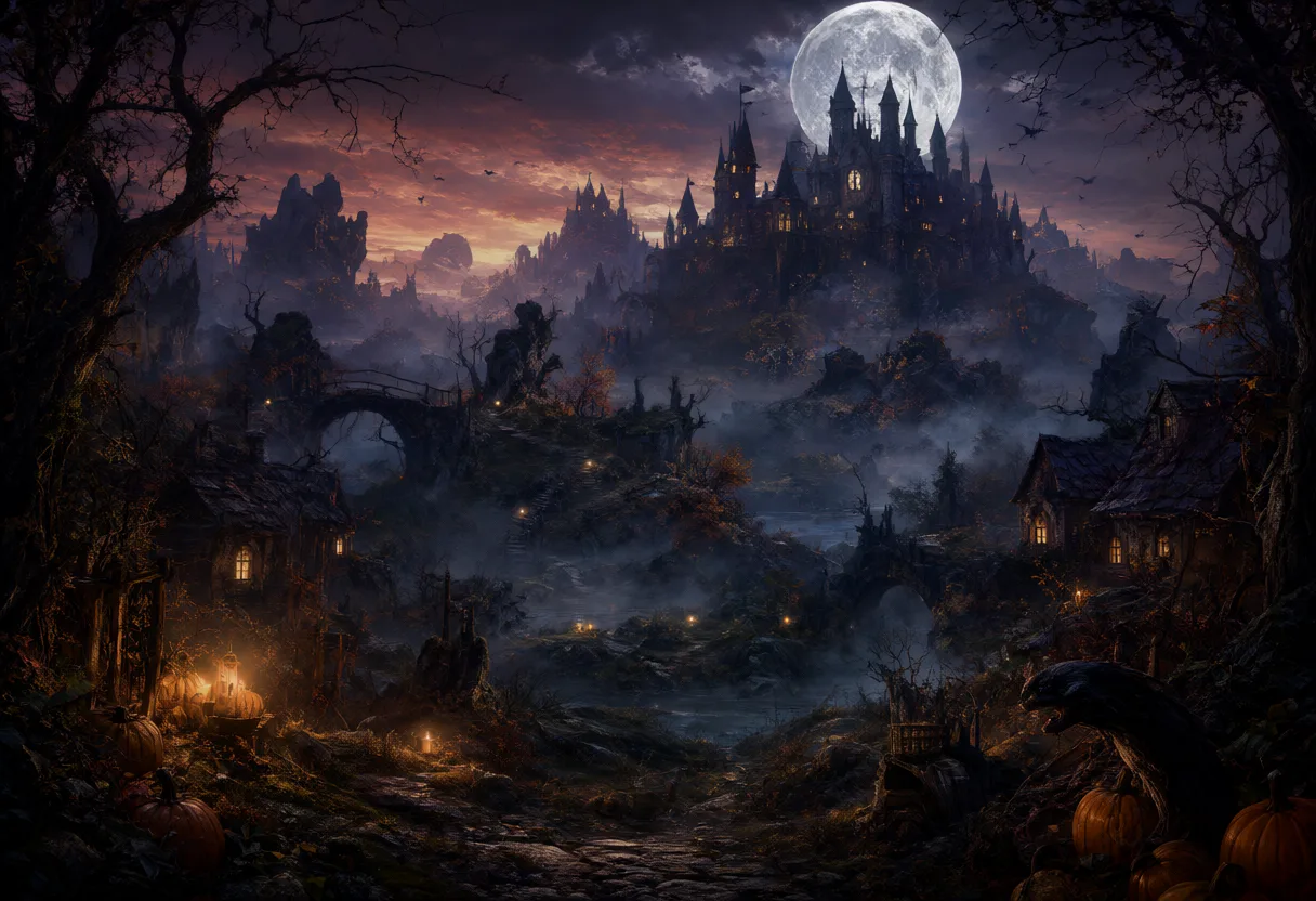 A towering Gothic castle beneath a large full moon overlooks a foggy village with crooked trees, glowing windows, and pumpkins at dusk. (AI-generated)