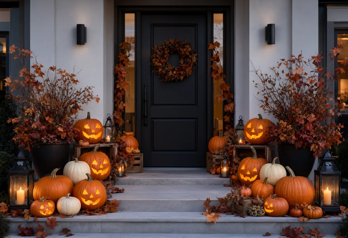 A black front door decorated with an autumn wreath, surrounded by glowing Halloween pumpkins, fall foliage, and lanterns on stone steps. (AI-generated)
