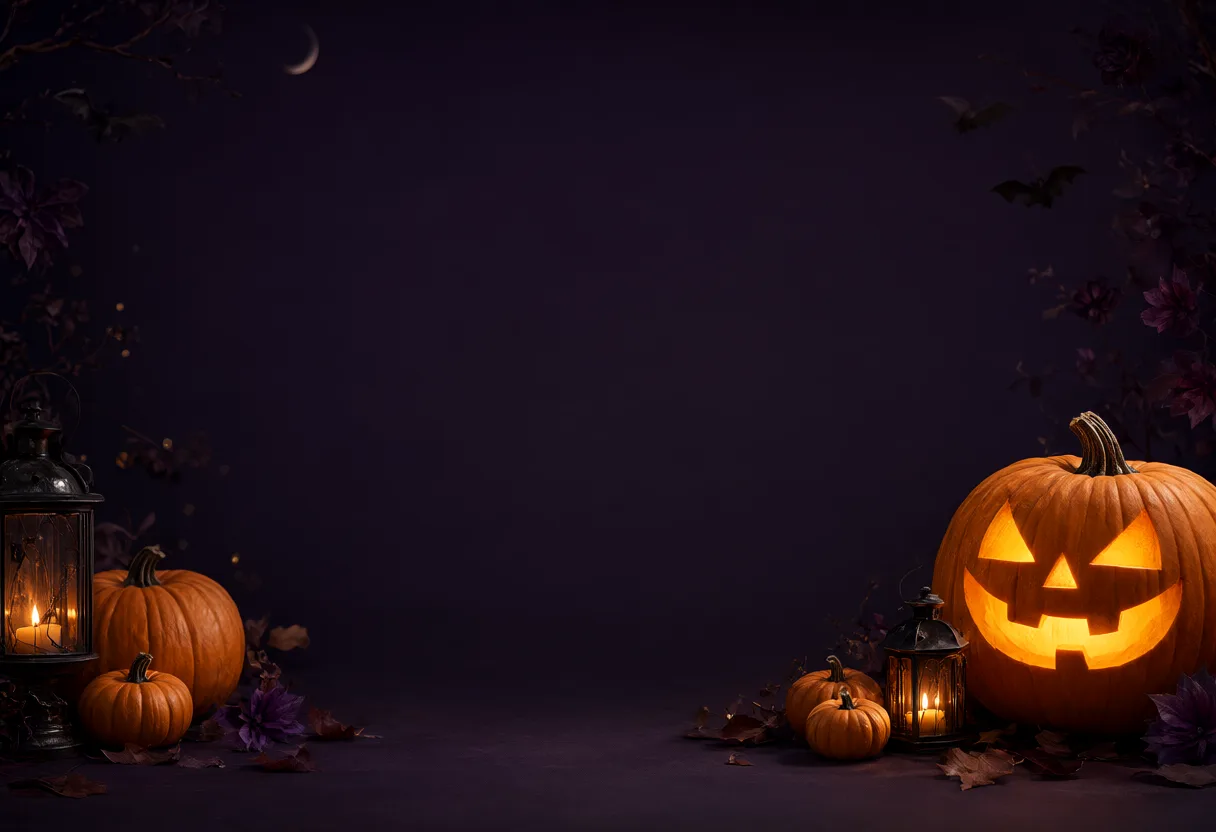 Glowing jack-o'-lanterns and vintage lanterns frame a dark purple (AI-generated)