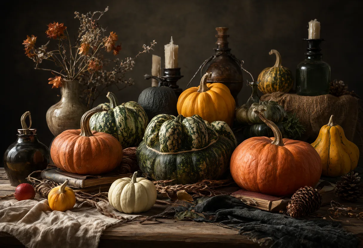 An arrangement of colorful pumpkins moody still life celebrating the autumn harvest. (AI-generated)