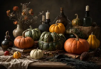 Rustic Autumn Pumpkin and Gourd Still Life (AI-generated)