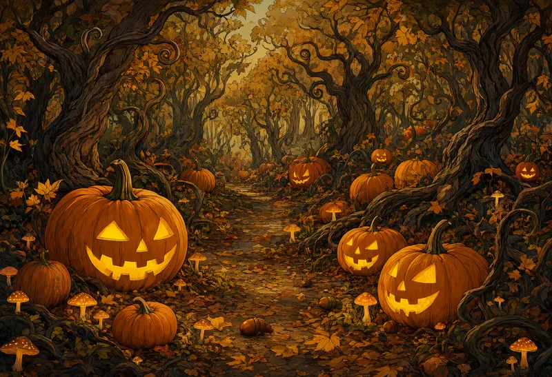 A fantasy forest filled with glowing jack-o'-lanterns (AI-generated)