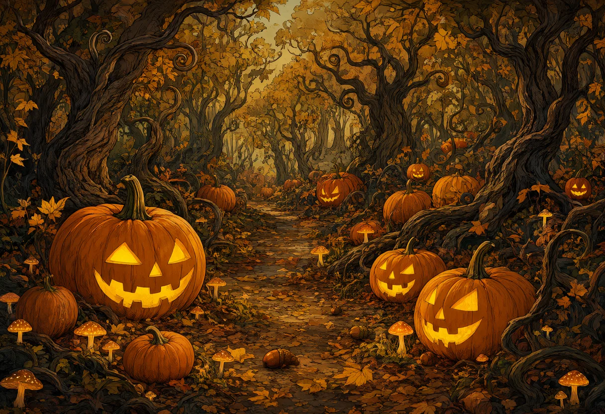 A fantasy forest filled with glowing jack-o'-lanterns (AI-generated)