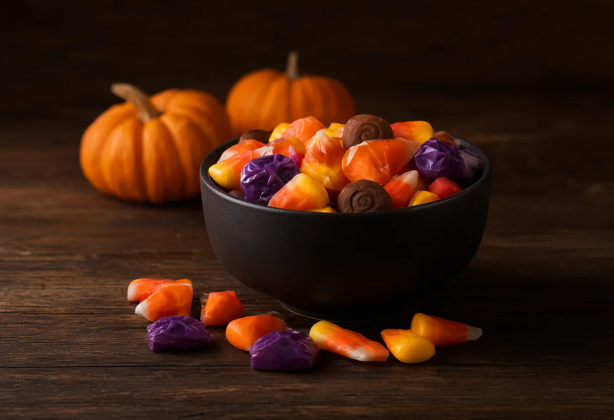HA black bowl filled with colorful Halloween candy (AI-generated)