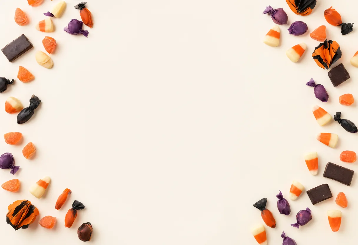 Candy corn, chocolate squares, and wrapped Halloween sweets arranged around the outer edges of a light cream background. (AI-generated)
