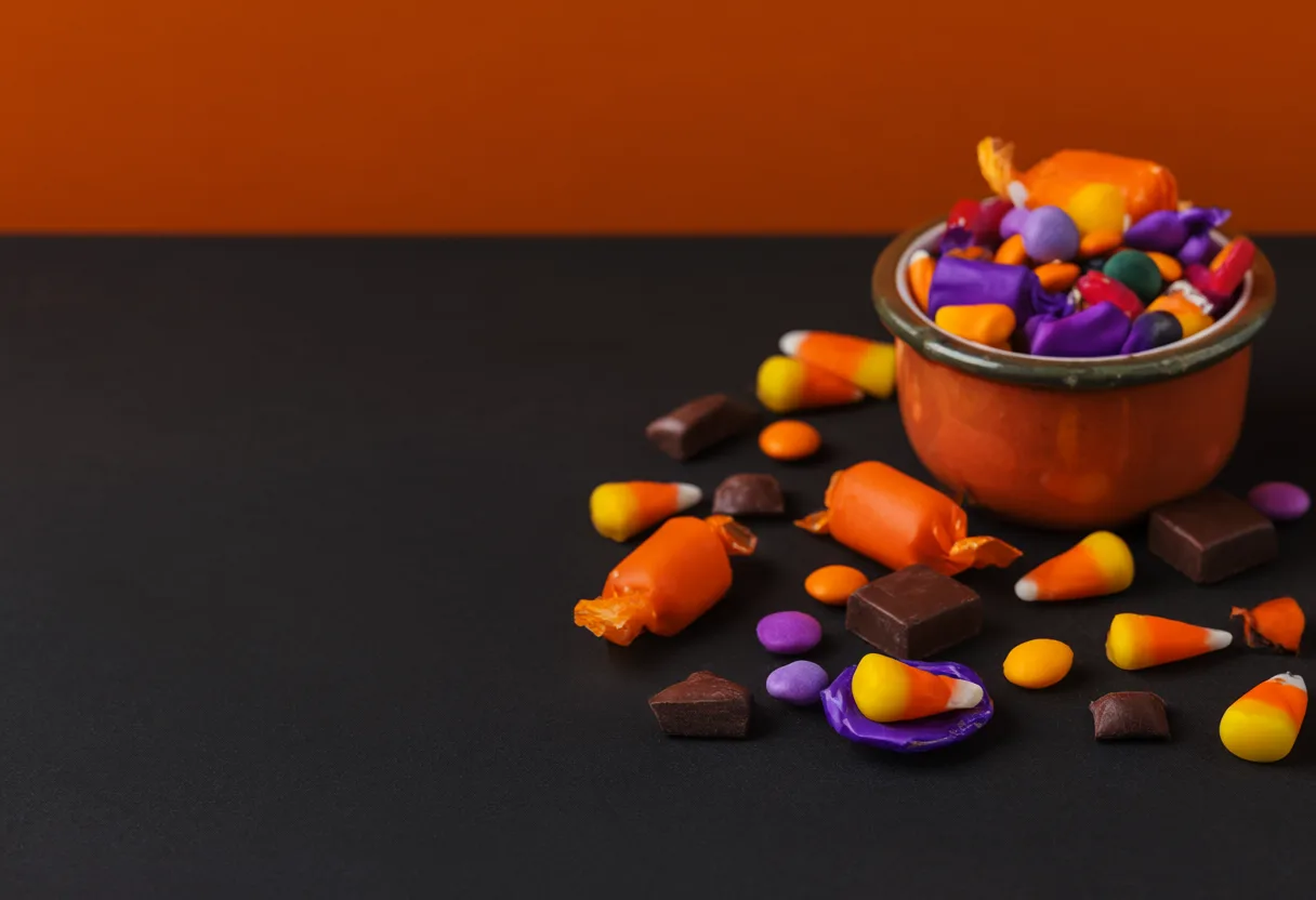 Orange cauldron filled with colorful Halloween candy and surrounded by candy corn, wrapped sweets, and chocolate on a black surface. (AI-generated)