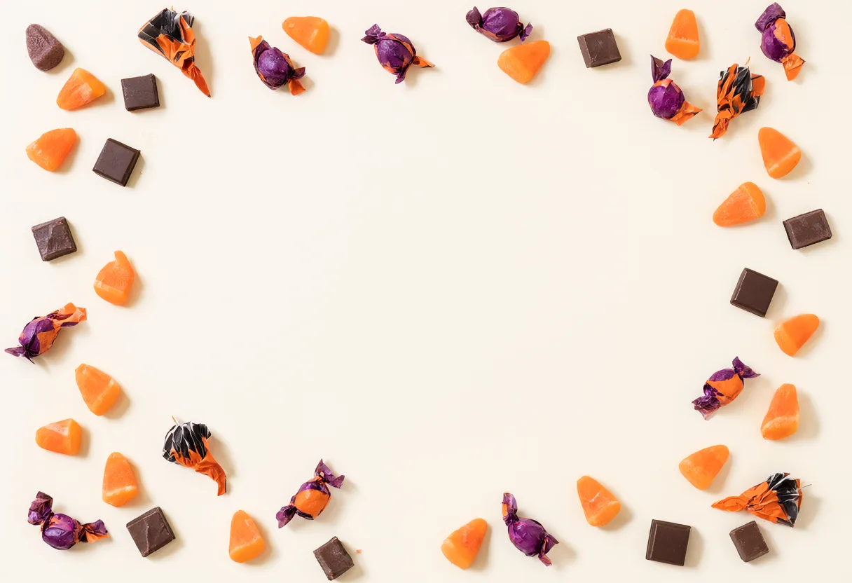 Halloween candy corn, wrapped sweets, and chocolate pieces arranged around the edges of a cream background with empty space in the center. (AI-generated)