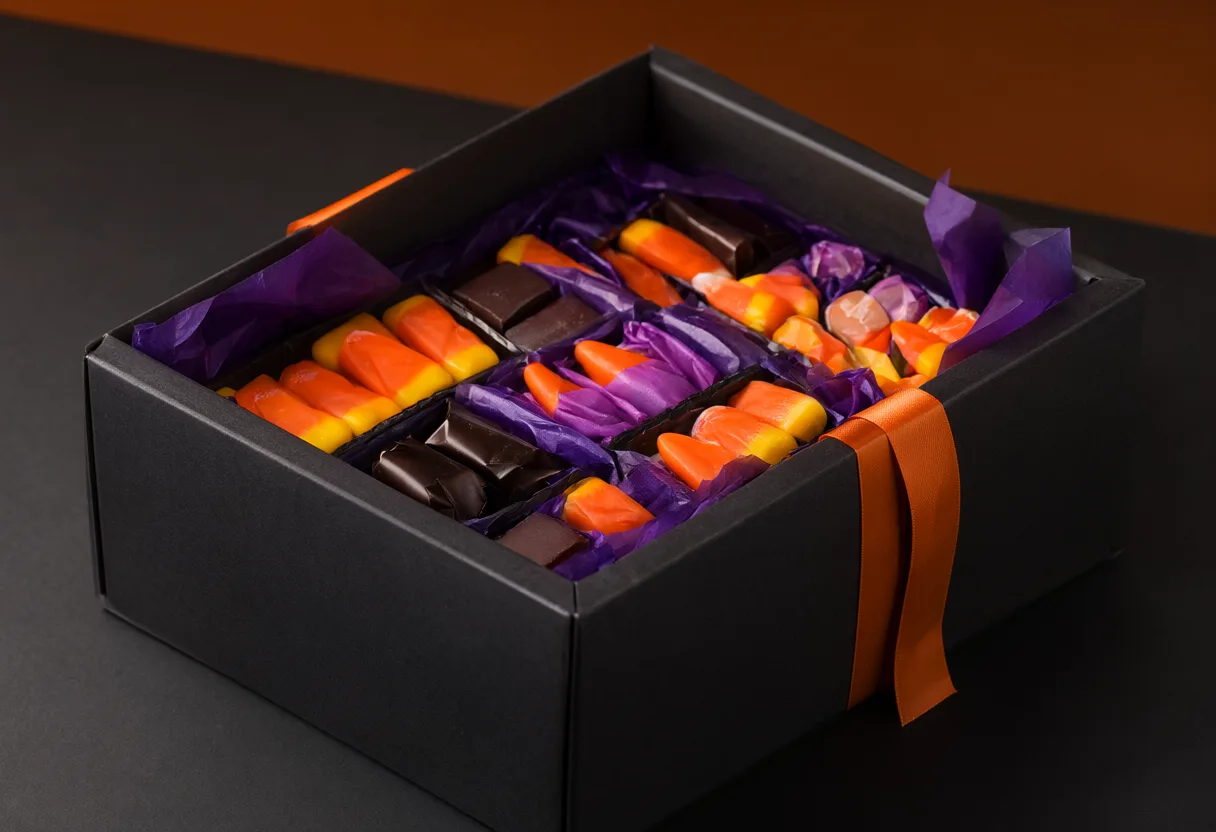 Open black gift box filled with candy corn, chocolate pieces, and Halloween sweets in orange and purple wrappers. (AI-generated)