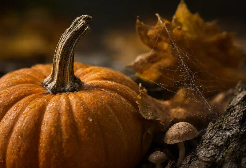 Close-up of an orange pumpkin with a dry stem, spider webs, autumn leaves, and small mushrooms. (AI-generated)