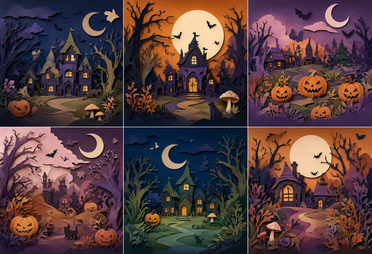 Six paper-cut Halloween scenes showing haunted houses, pumpkins, bats, crescent moons, and bare trees. (AI-generated)